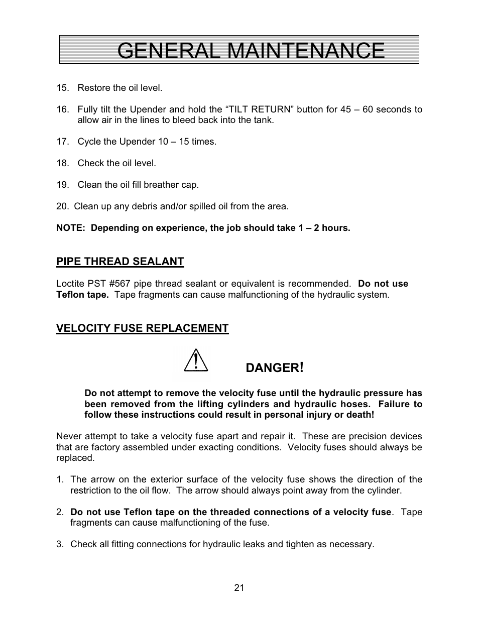 General maintenance, Danger | Autoquip TITAN UPENDER User Manual | Page 21 / 31