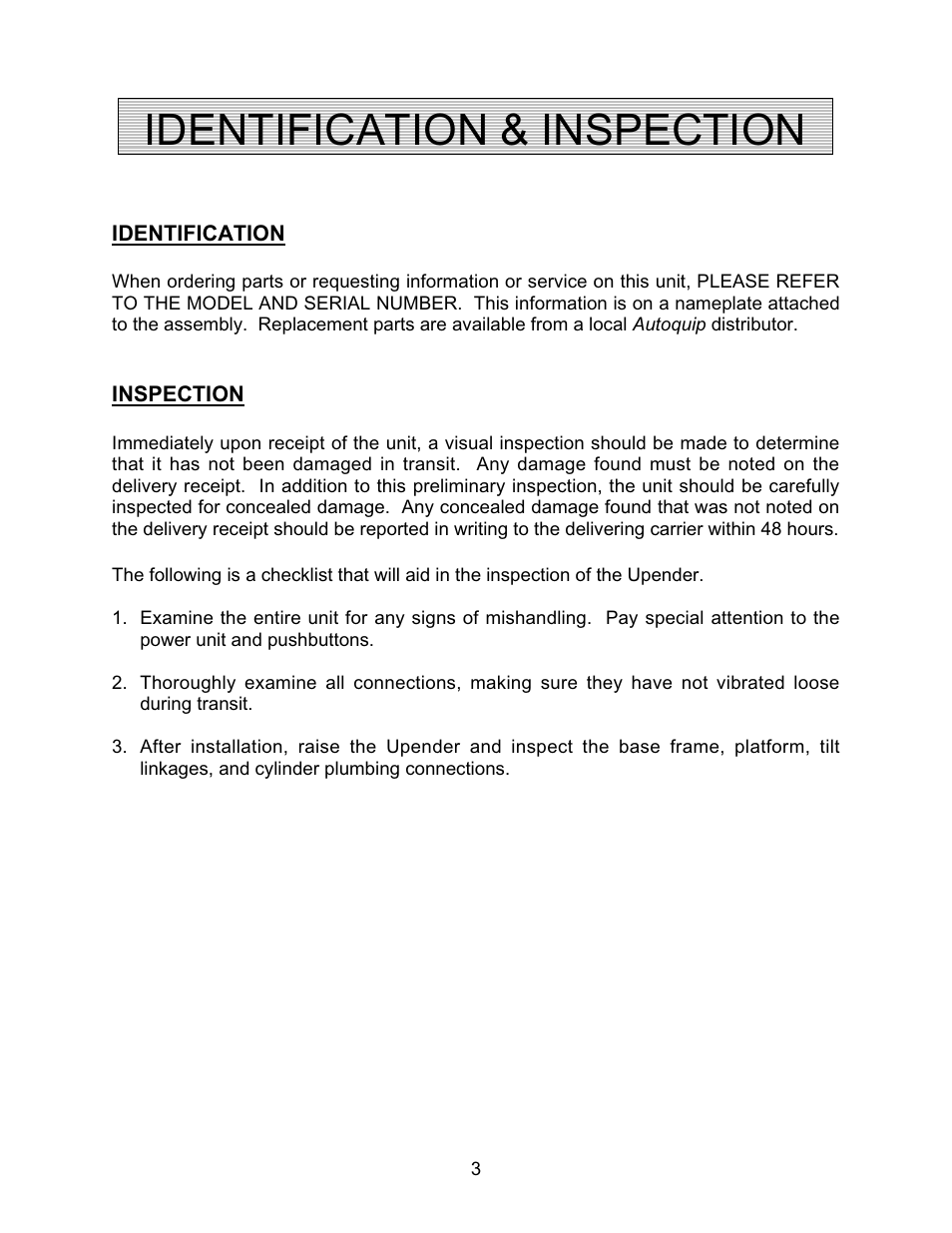 Identification & inspection | Autoquip TITAN UPENDER User Manual | Page 3 / 31