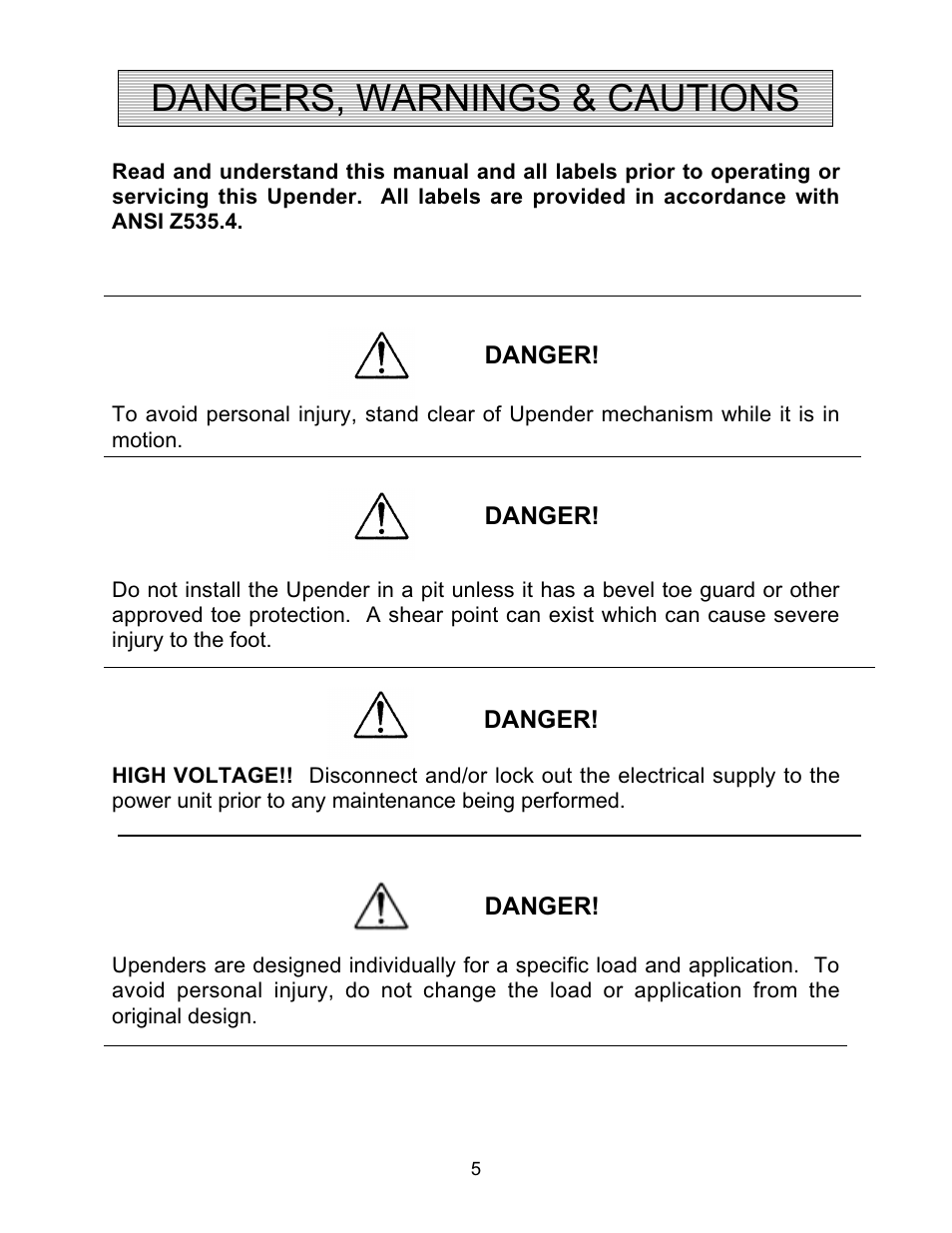 Dangers, warnings & cautions | Autoquip TITAN UPENDER User Manual | Page 5 / 31