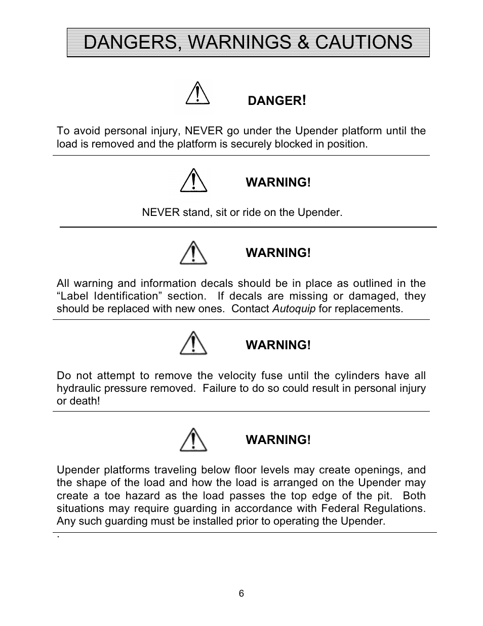 Dangers, warnings & cautions | Autoquip TITAN UPENDER User Manual | Page 6 / 31