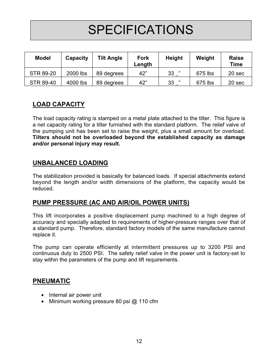 Specifications | Autoquip AUTO-TILT PORTABLE TILTER User Manual | Page 12 / 31