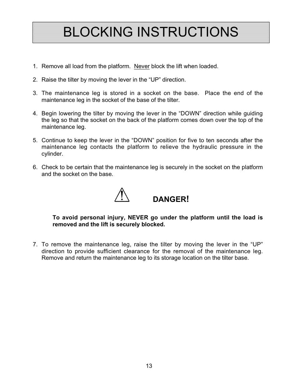 Blocking instructions, Danger | Autoquip AUTO-TILT PORTABLE TILTER User Manual | Page 13 / 31