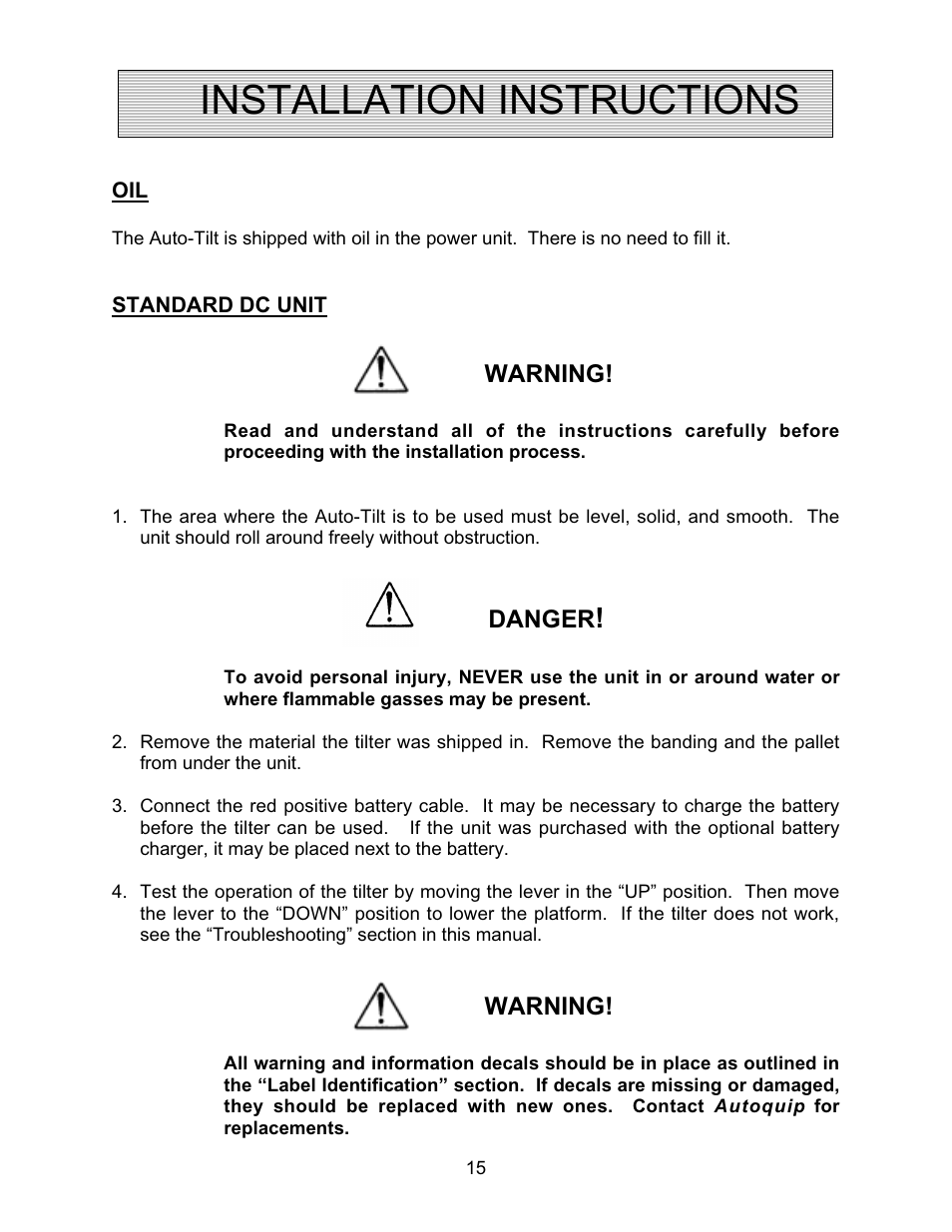 Installation instructions | Autoquip AUTO-TILT PORTABLE TILTER User Manual | Page 15 / 31