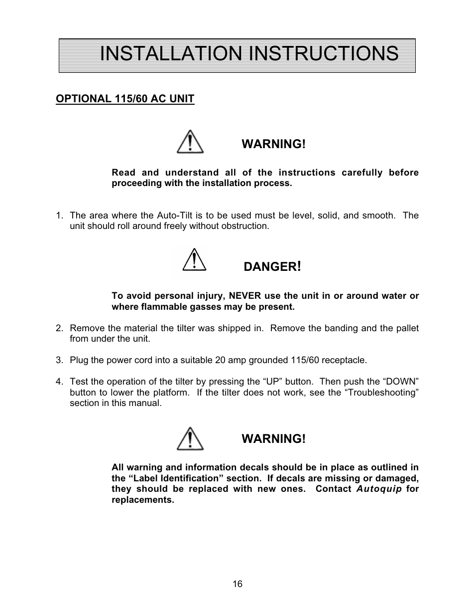 Installation instructions | Autoquip AUTO-TILT PORTABLE TILTER User Manual | Page 16 / 31