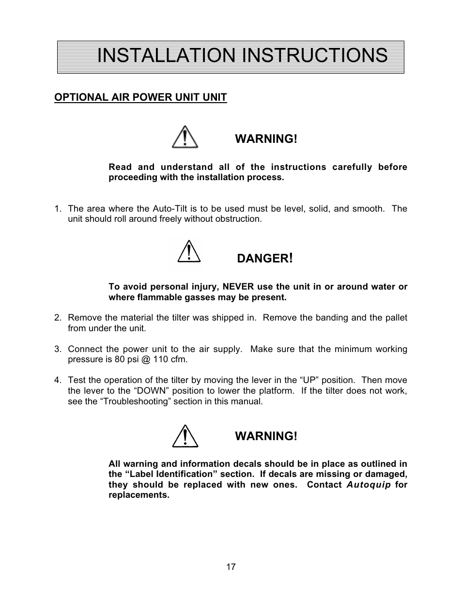 Installation instructions | Autoquip AUTO-TILT PORTABLE TILTER User Manual | Page 17 / 31