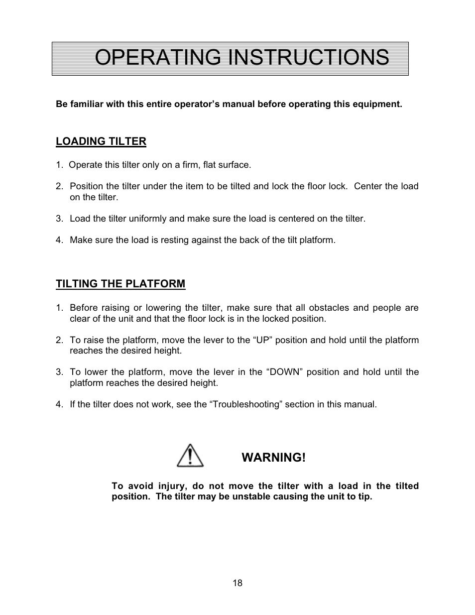 Operating instructions, Warning | Autoquip AUTO-TILT PORTABLE TILTER User Manual | Page 18 / 31