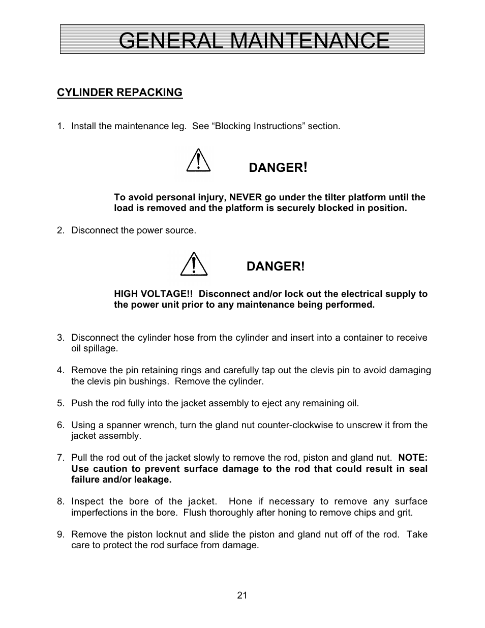 General maintenance, Danger | Autoquip AUTO-TILT PORTABLE TILTER User Manual | Page 21 / 31