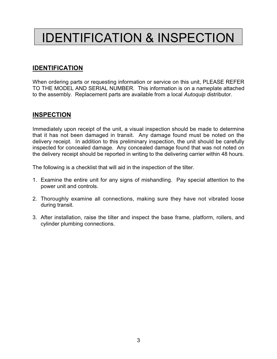 Identification & inspection | Autoquip AUTO-TILT PORTABLE TILTER User Manual | Page 3 / 31