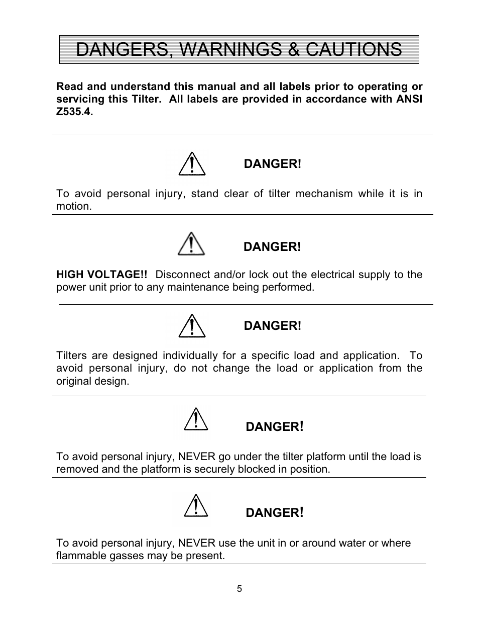 Dangers, warnings & cautions | Autoquip AUTO-TILT PORTABLE TILTER User Manual | Page 5 / 31