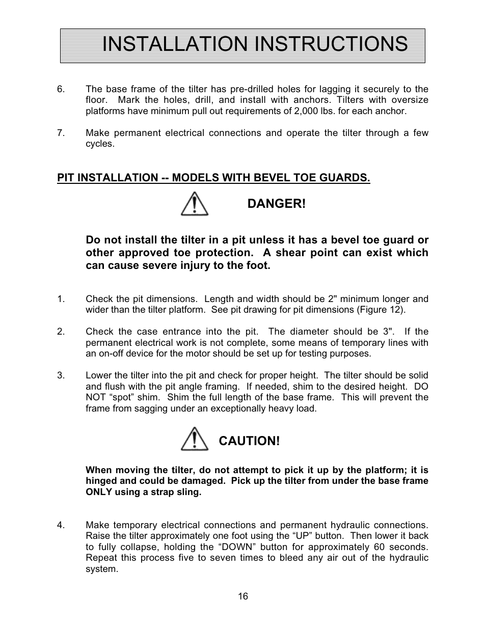 Installation instructions, Danger, Caution | Autoquip SERIES 35 TILTERS User Manual | Page 16 / 35