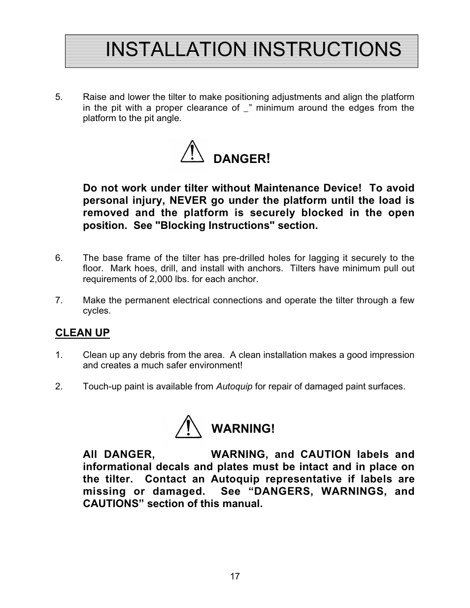 Installation instructions | Autoquip SERIES 35 TILTERS User Manual | Page 17 / 35