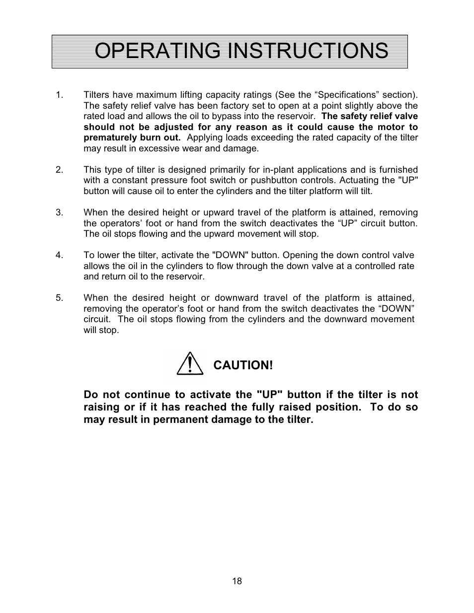 Operating instructions, Caution | Autoquip SERIES 35 TILTERS User Manual | Page 18 / 35