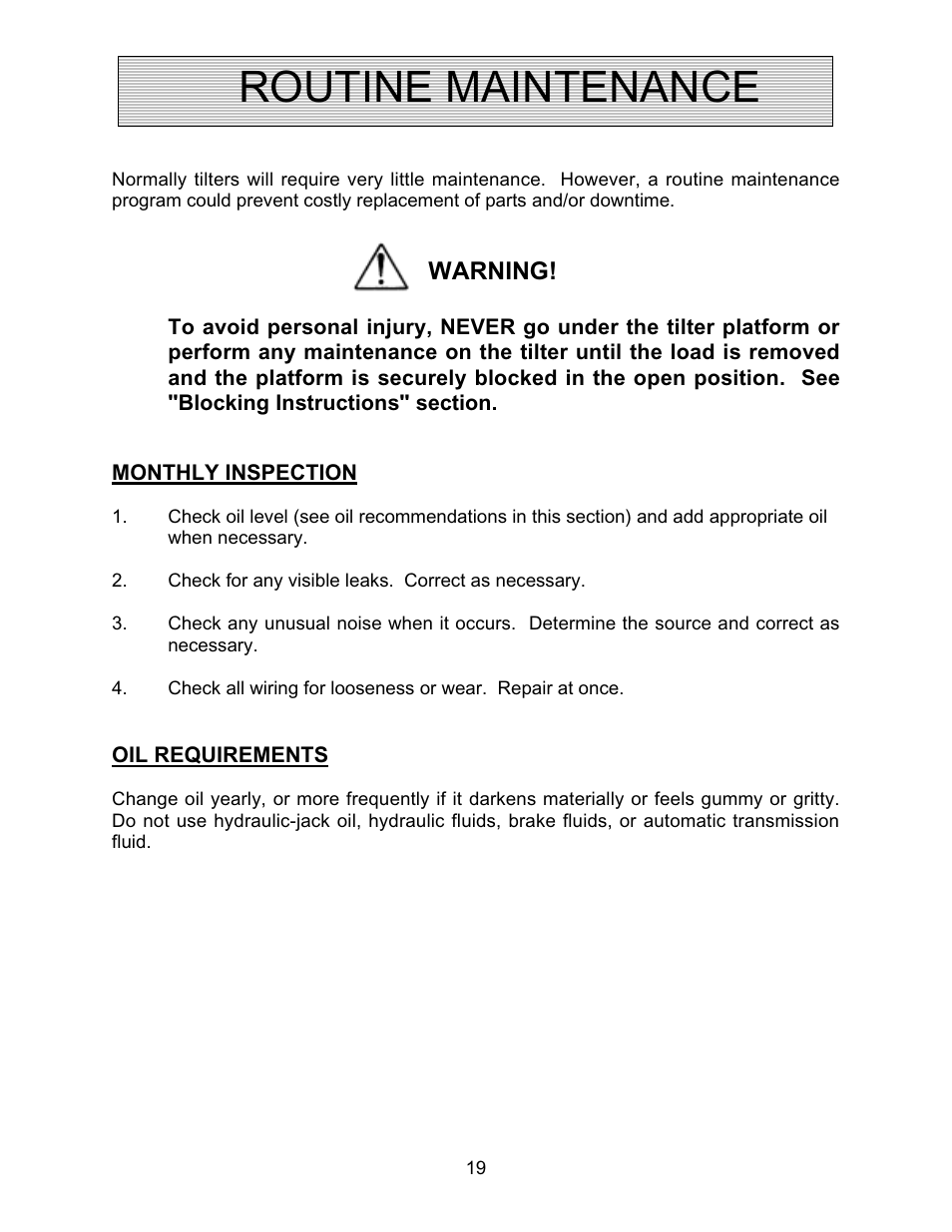 Routine maintenance, Warning | Autoquip SERIES 35 TILTERS User Manual | Page 19 / 35