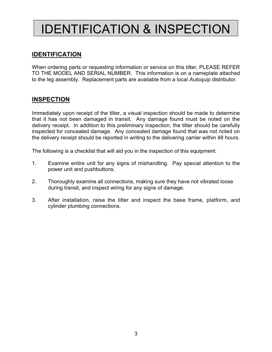 Identification & inspection | Autoquip SERIES 35 TILTERS User Manual | Page 3 / 35