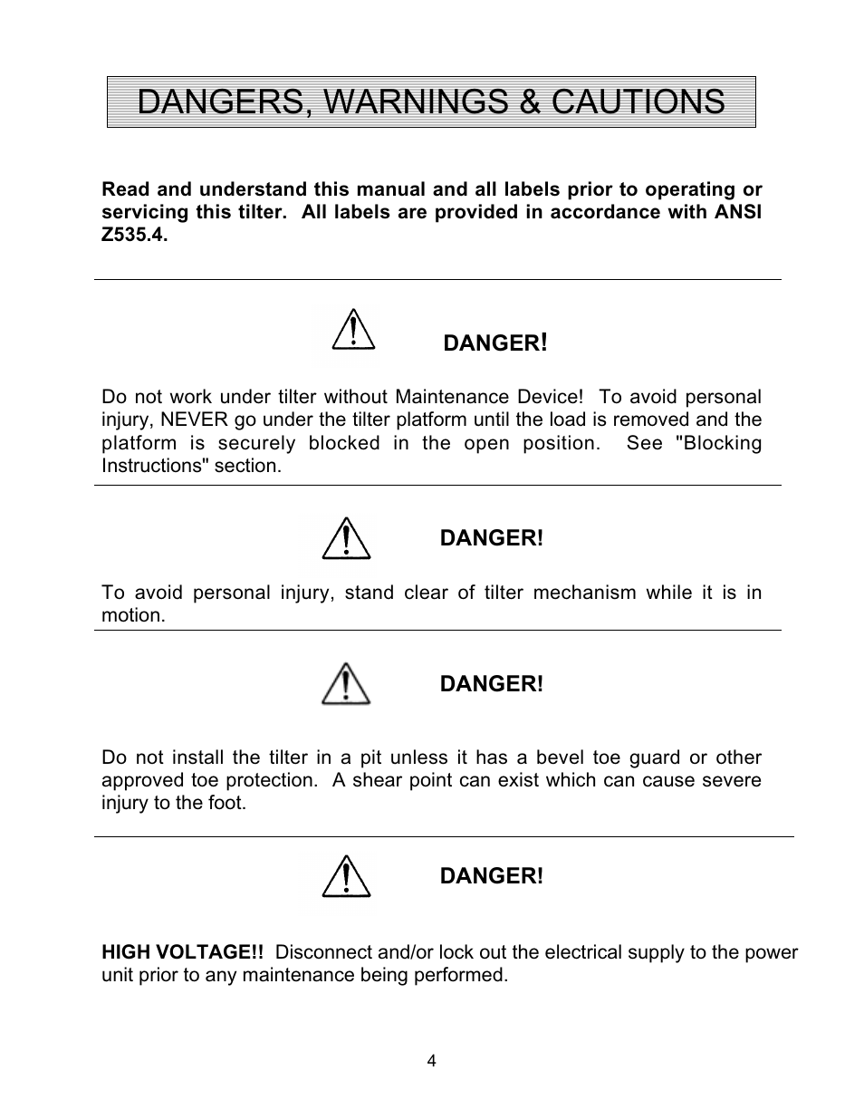 Dangers, warnings & cautions | Autoquip SERIES 35 TILTERS User Manual | Page 4 / 35