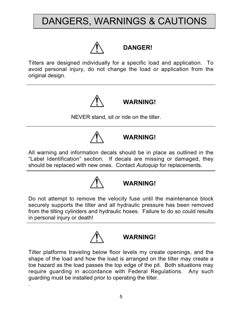 Dangers, warnings & cautions | Autoquip SERIES 35 TILTERS User Manual | Page 5 / 35