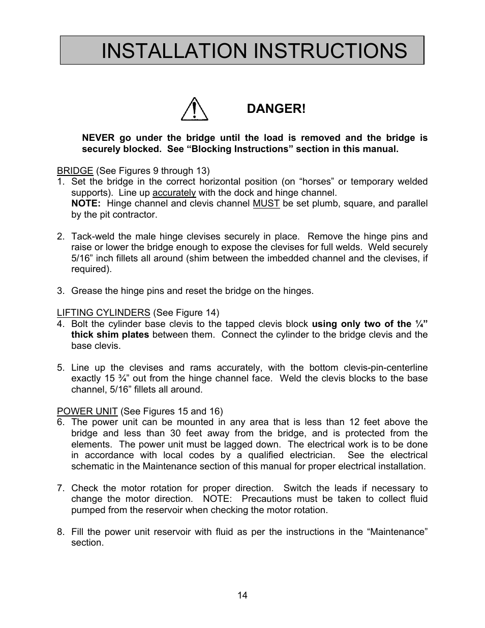 Installation instructions, Danger | Autoquip BASCULE BRIDGE - DOUBLE LEAF User Manual | Page 14 / 44
