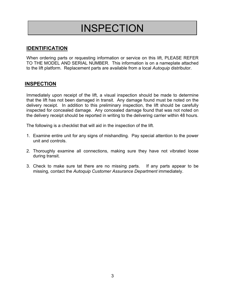 Inspection | Autoquip BASCULE BRIDGE - DOUBLE LEAF User Manual | Page 3 / 44