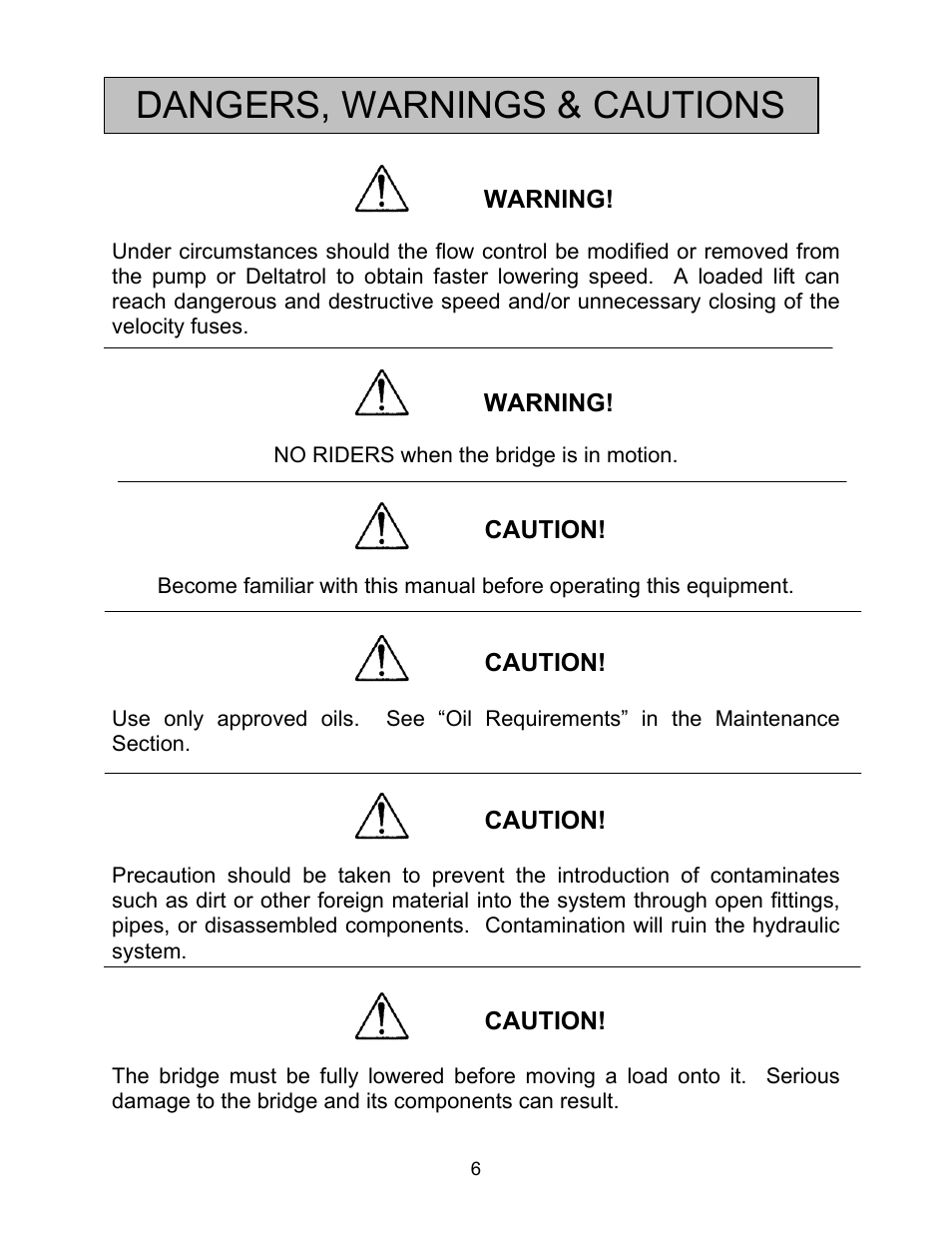 Dangers, warnings & cautions | Autoquip BASCULE BRIDGE - DOUBLE LEAF User Manual | Page 6 / 44