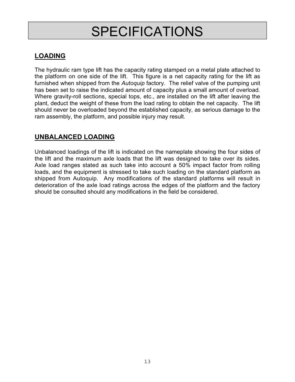 Specifications | Autoquip VERTICAL RAM LIFTS - DUAL RAM User Manual | Page 13 / 37