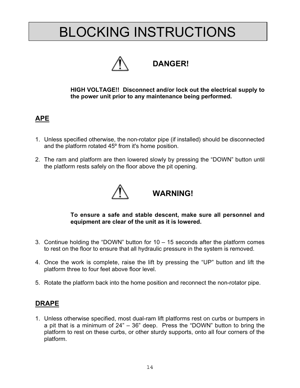 Blocking instructions, Danger, Warning | Autoquip VERTICAL RAM LIFTS - DUAL RAM User Manual | Page 14 / 37