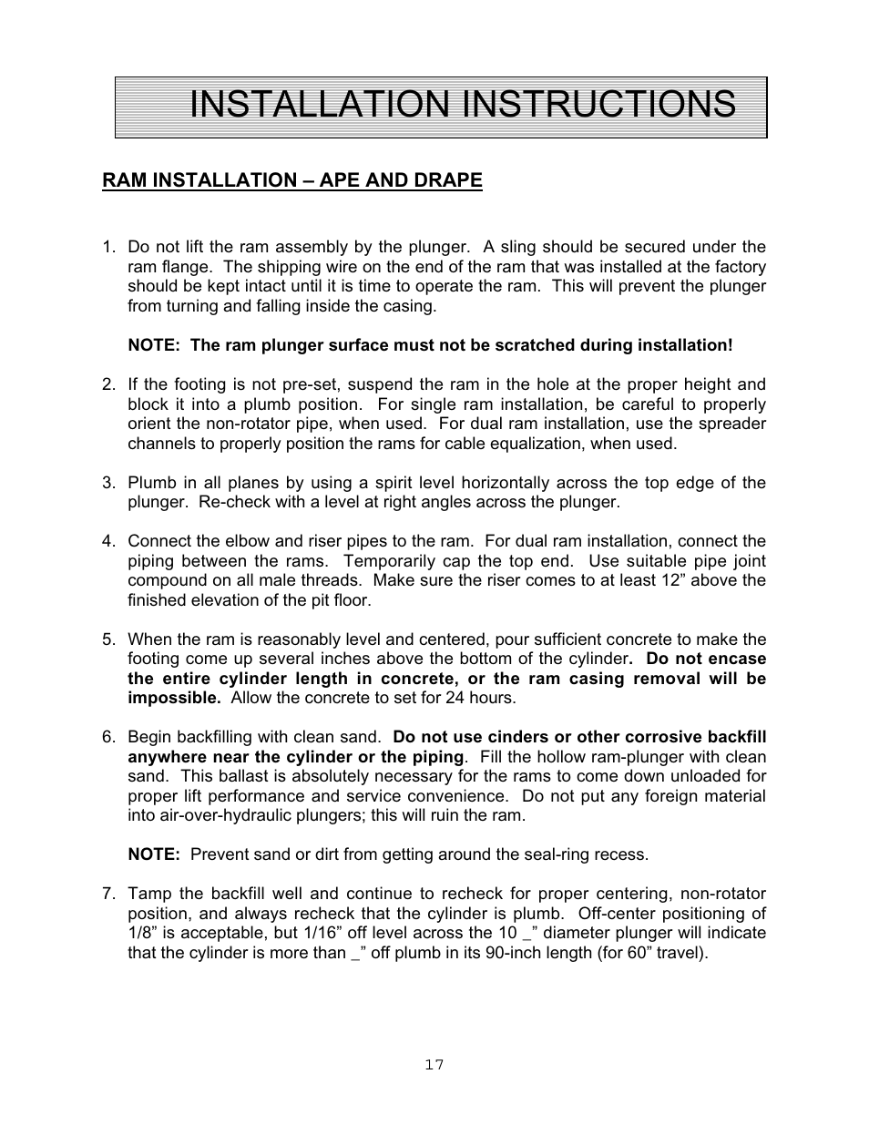 Installation instructions | Autoquip VERTICAL RAM LIFTS - DUAL RAM User Manual | Page 17 / 37