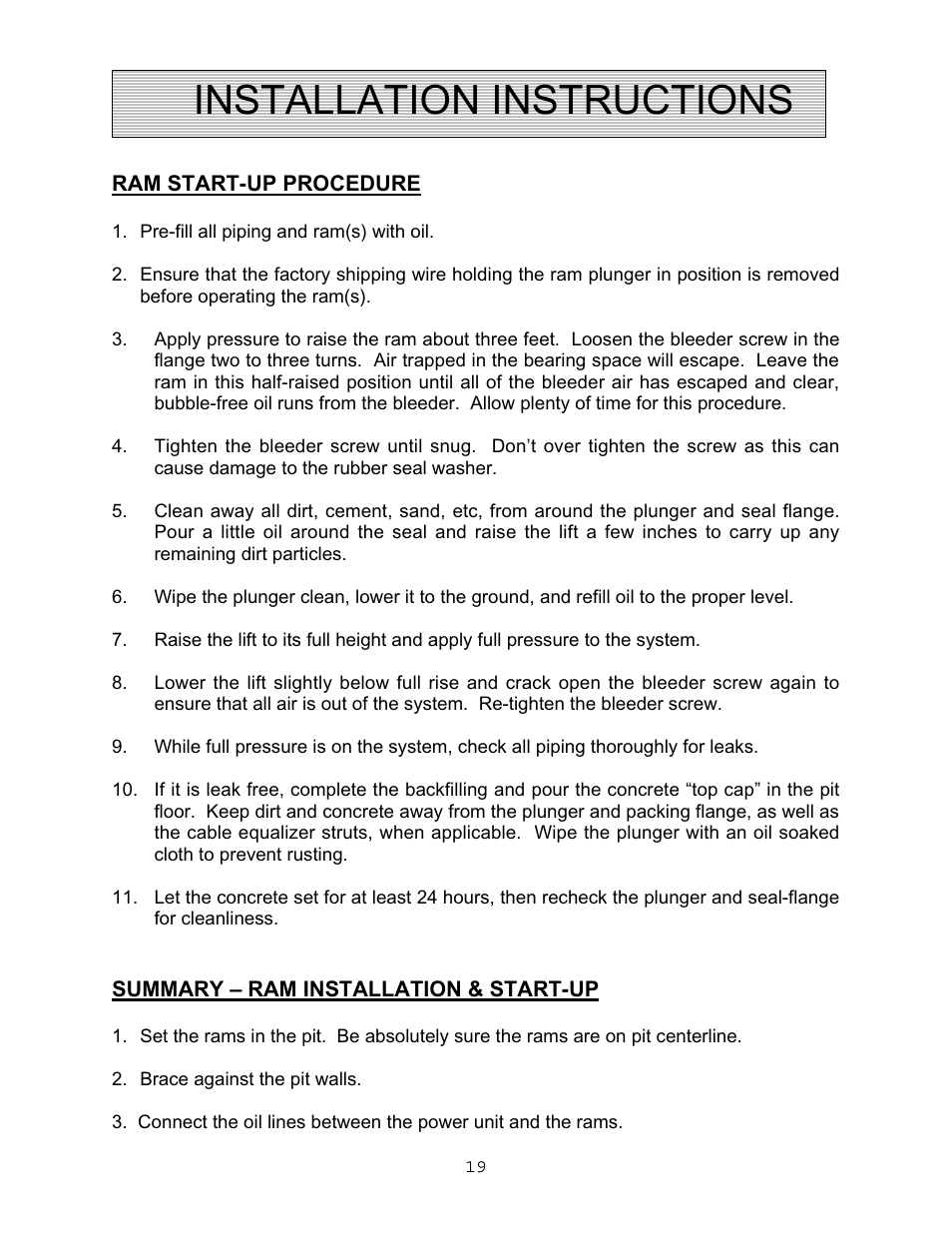 Installation instructions | Autoquip VERTICAL RAM LIFTS - DUAL RAM User Manual | Page 19 / 37