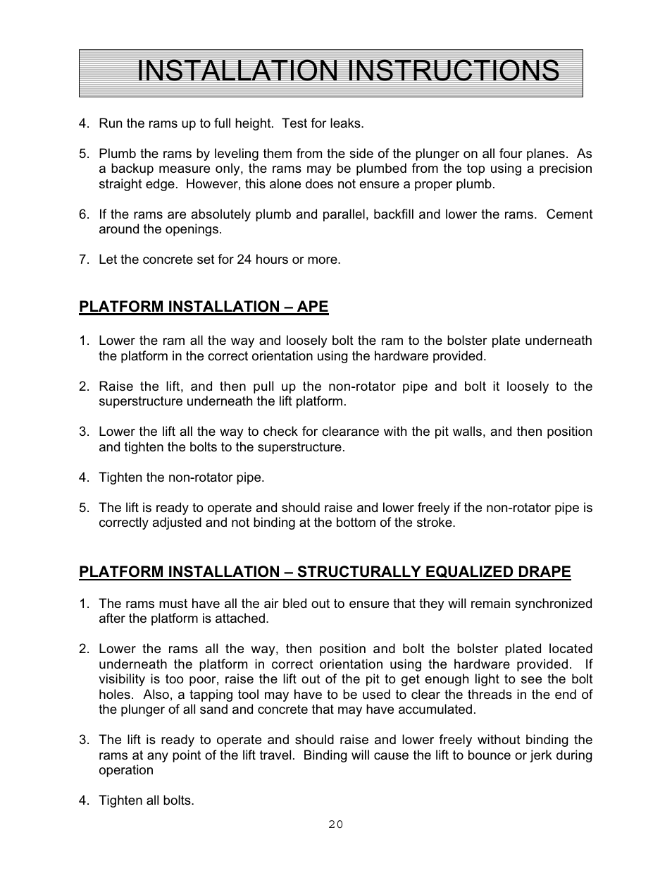 Installation instructions | Autoquip VERTICAL RAM LIFTS - DUAL RAM User Manual | Page 20 / 37