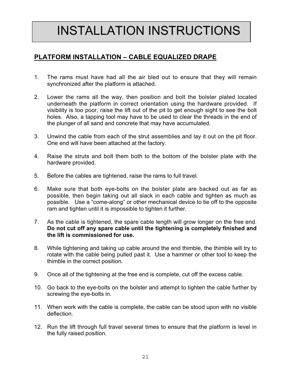 Installation instructions | Autoquip VERTICAL RAM LIFTS - DUAL RAM User Manual | Page 21 / 37