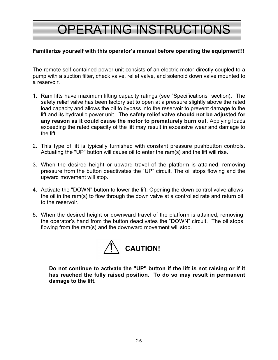 Operating instructions, Caution | Autoquip VERTICAL RAM LIFTS - DUAL RAM User Manual | Page 26 / 37