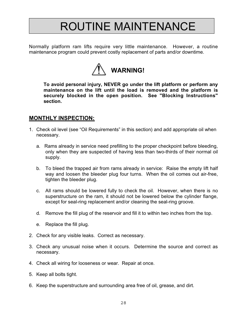 Routine maintenance, Warning | Autoquip VERTICAL RAM LIFTS - DUAL RAM User Manual | Page 28 / 37