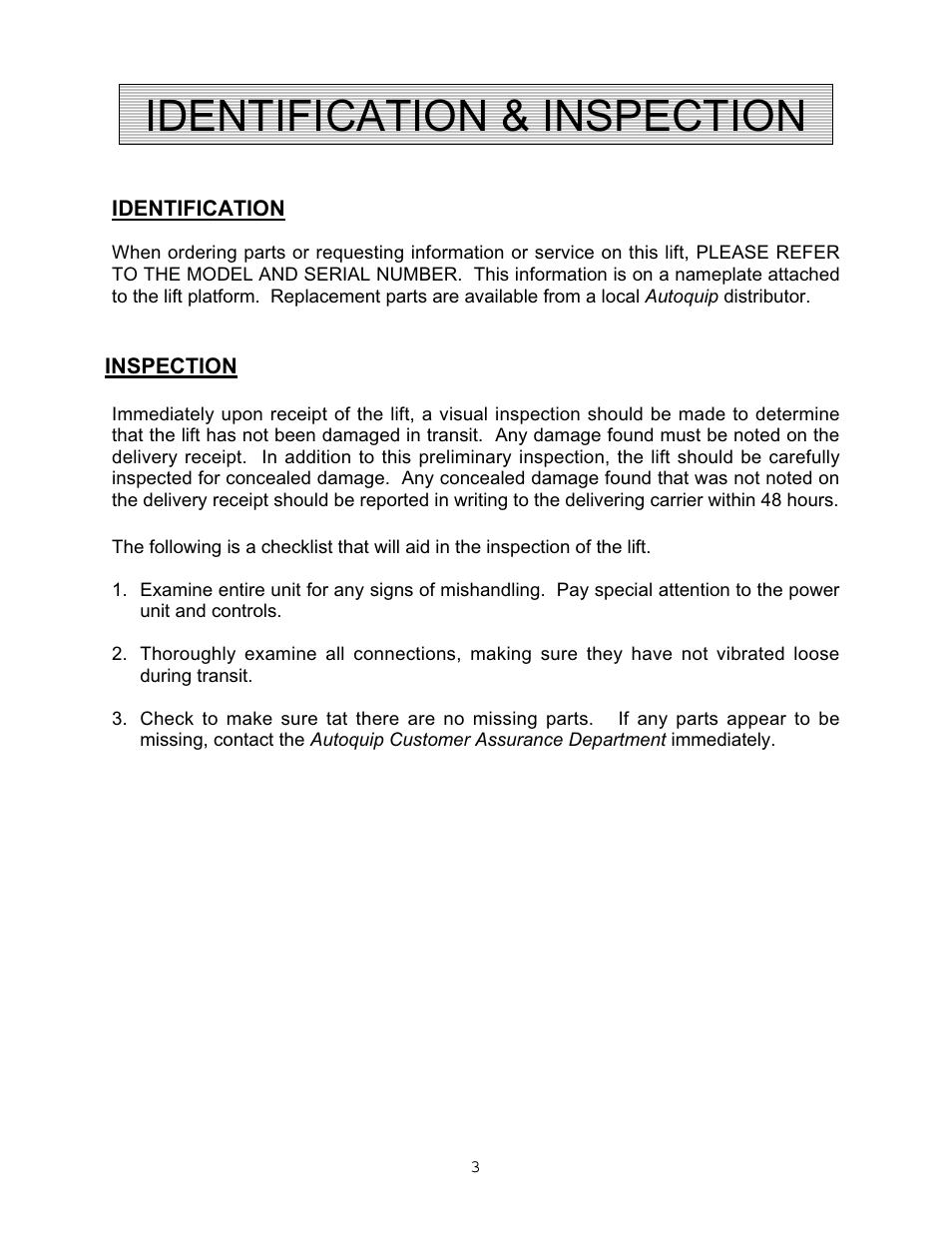 Identification & inspection | Autoquip VERTICAL RAM LIFTS - DUAL RAM User Manual | Page 3 / 37