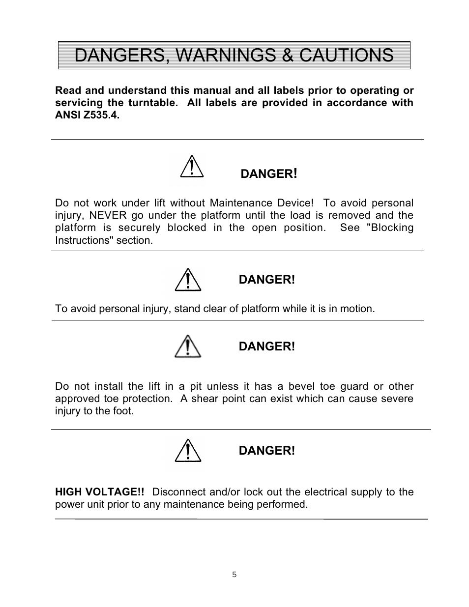 Dangers, warnings & cautions | Autoquip VERTICAL RAM LIFTS - DUAL RAM User Manual | Page 5 / 37