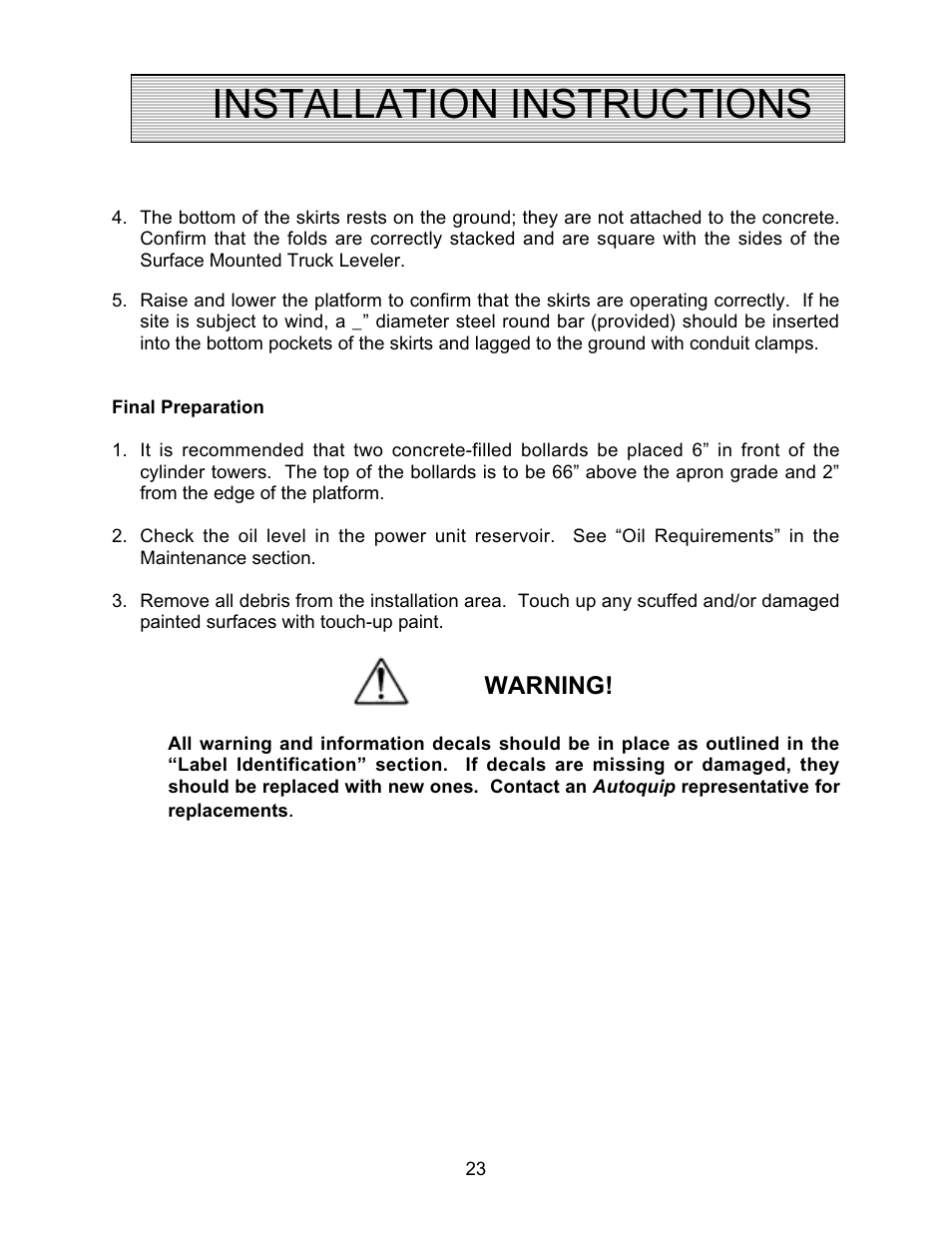 Installation instructions, Warning | Autoquip TRUCK LEVELER - SHALLOW PIT MOUNT User Manual | Page 23 / 53