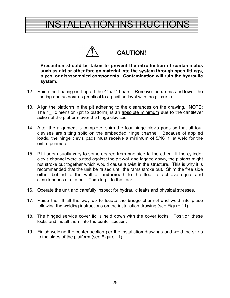 Installation instructions, Caution | Autoquip TRUCK LEVELER - SHALLOW PIT MOUNT User Manual | Page 25 / 53