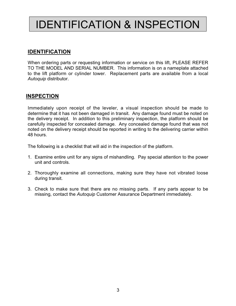 Identification & inspection | Autoquip TRUCK LEVELER - SHALLOW PIT MOUNT User Manual | Page 3 / 53