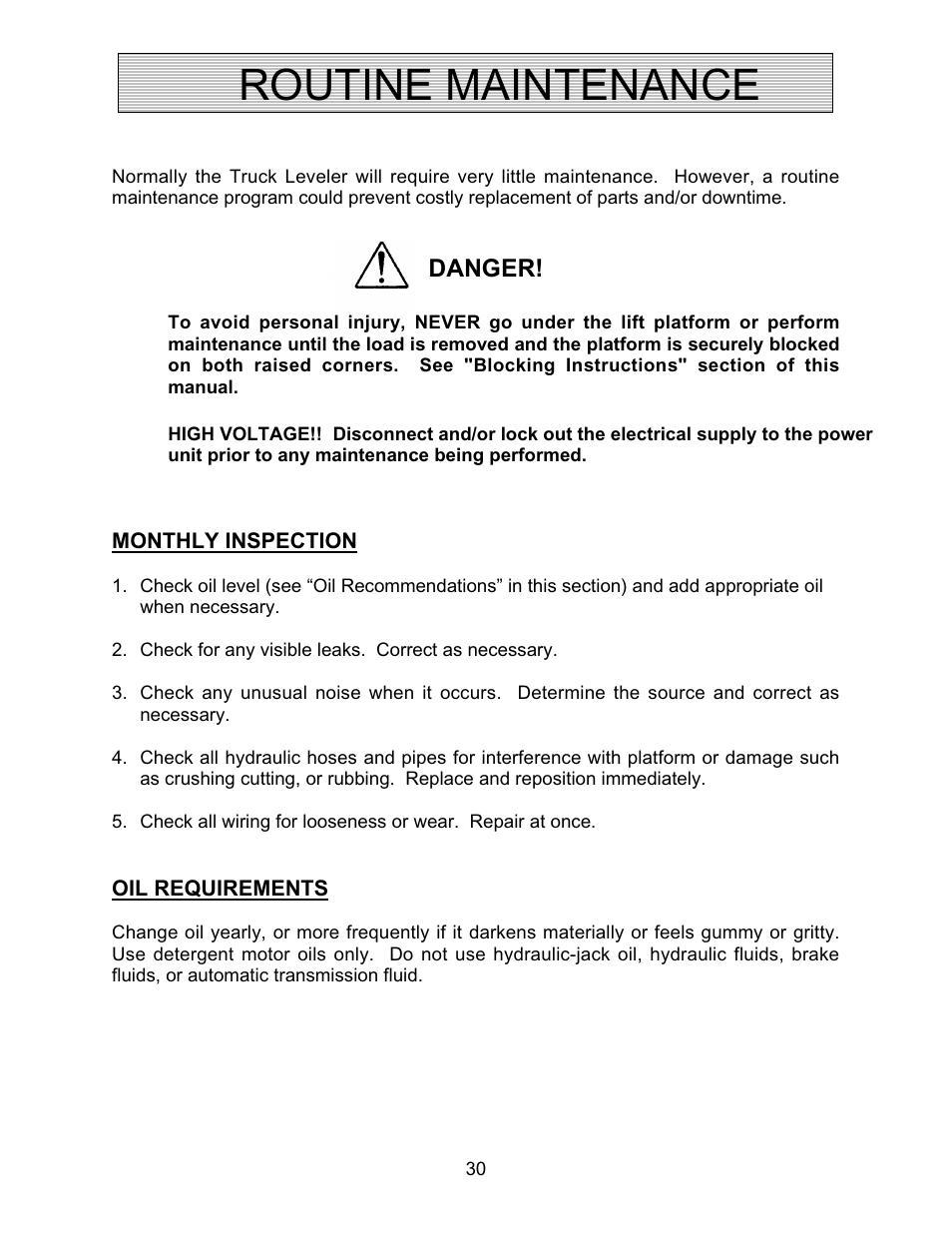 Routine maintenance, Danger | Autoquip TRUCK LEVELER - SHALLOW PIT MOUNT User Manual | Page 30 / 53