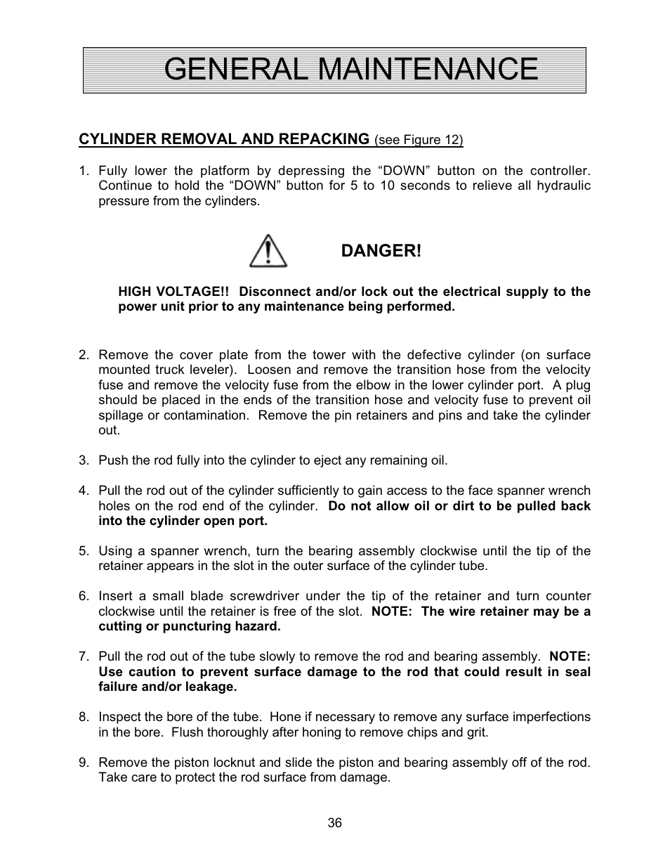 General maintenance, Danger | Autoquip TRUCK LEVELER - SHALLOW PIT MOUNT User Manual | Page 36 / 53