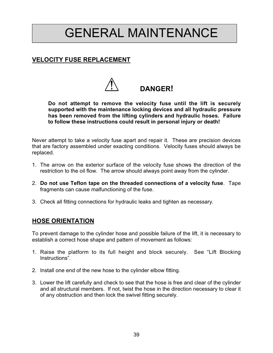 General maintenance, Danger | Autoquip TRUCK LEVELER - SHALLOW PIT MOUNT User Manual | Page 39 / 53