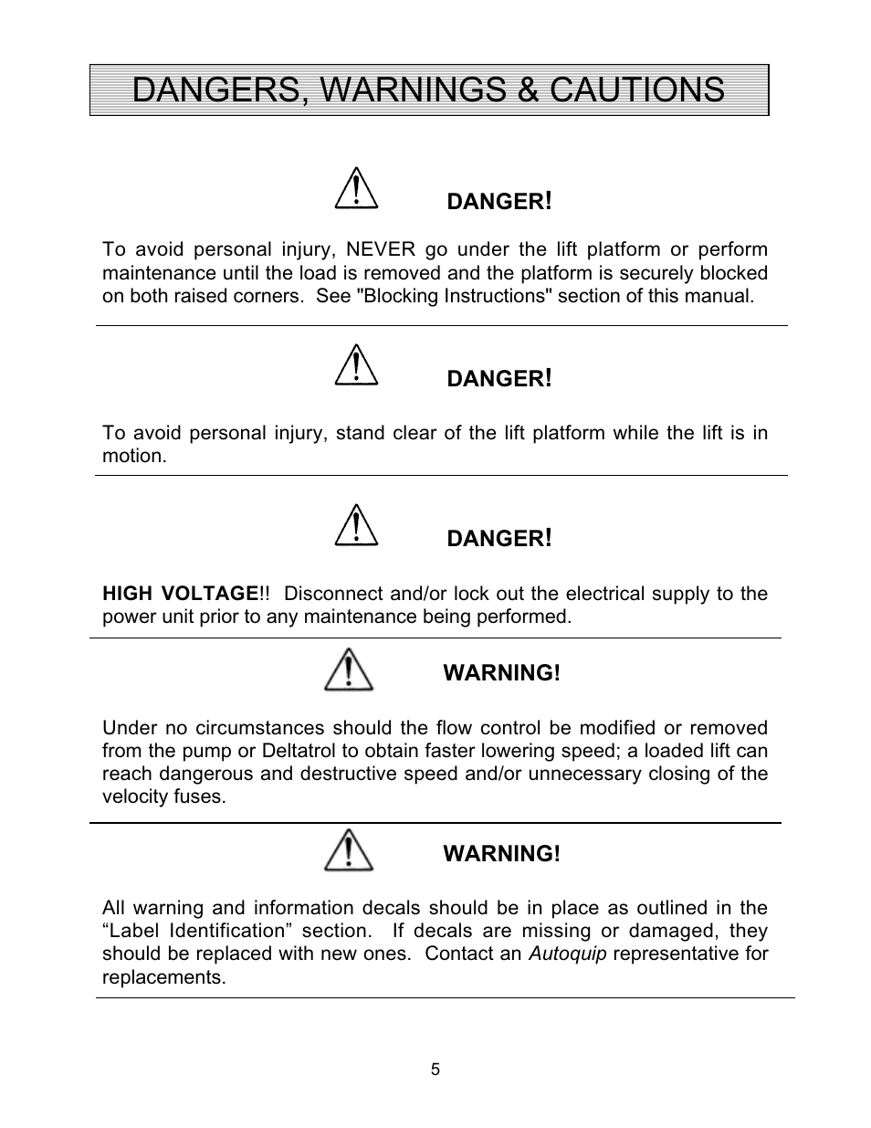 Dangers, warnings & cautions | Autoquip TRUCK LEVELER - SHALLOW PIT MOUNT User Manual | Page 5 / 53