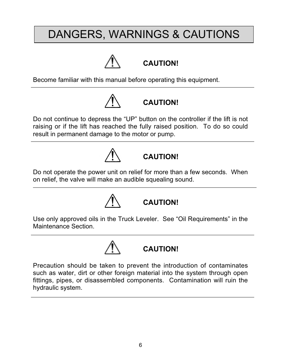 Dangers, warnings & cautions | Autoquip TRUCK LEVELER - SHALLOW PIT MOUNT User Manual | Page 6 / 53