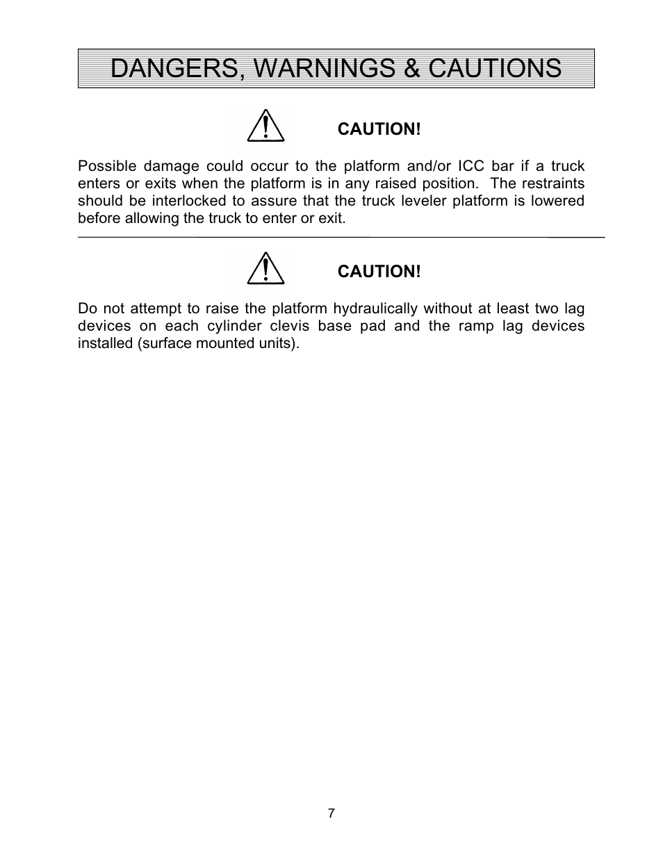 Dangers, warnings & cautions | Autoquip TRUCK LEVELER - SHALLOW PIT MOUNT User Manual | Page 7 / 53