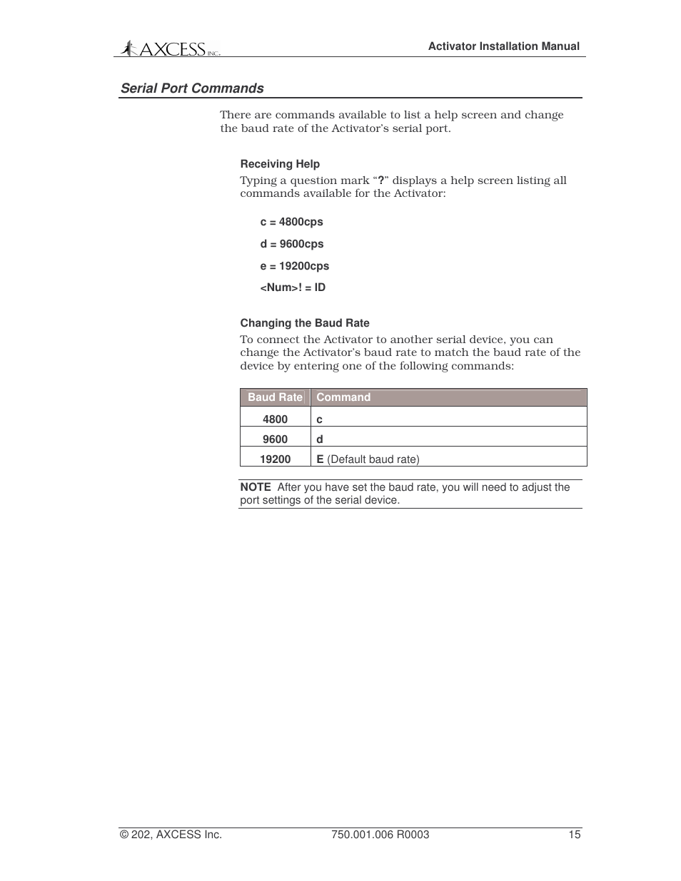 Serial port commands | Axcess Activator Installation Guide User Manual | Page 15 / 18