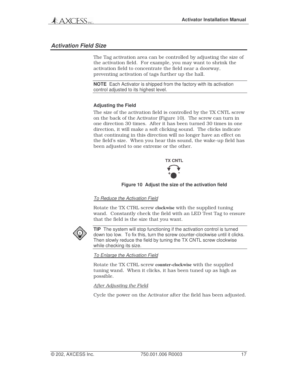 Activation field size | Axcess Activator Installation Guide User Manual | Page 17 / 18