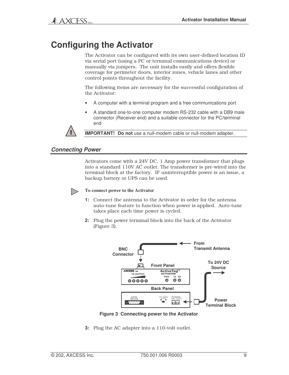 Configuring the activator, Connecting power | Axcess Activator Installation Guide User Manual | Page 9 / 18