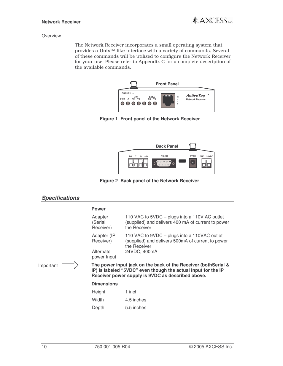 Specifications | Axcess Network Receiver Installation Guide User Manual | Page 10 / 63