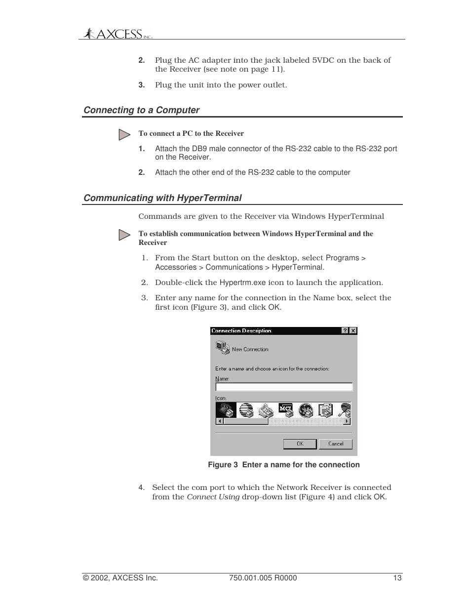 Connecting to a computer, Communicating with hyperterminal | Axcess Network Receiver Installation Guide User Manual | Page 13 / 63