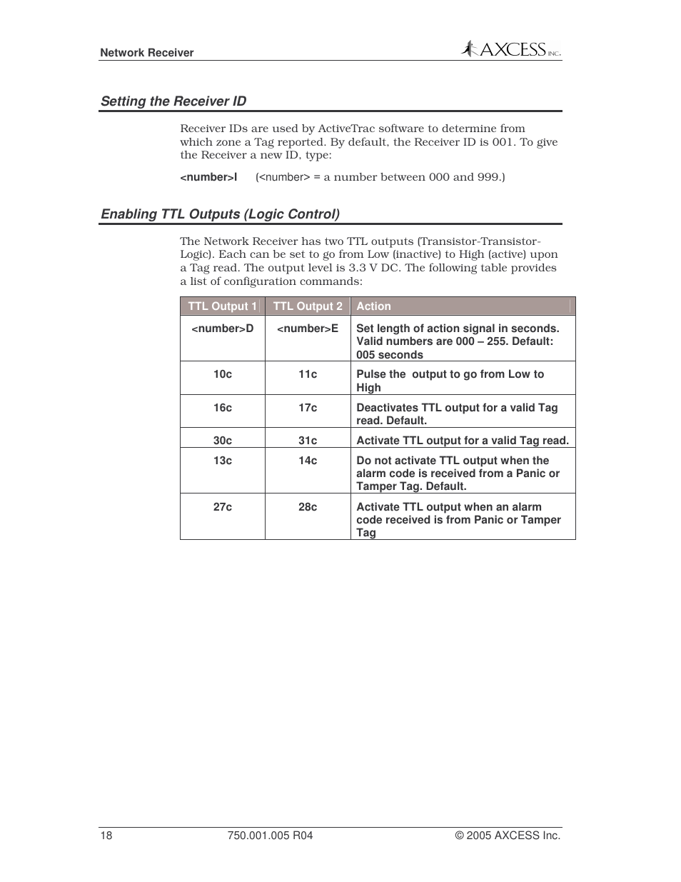 Setting the receiver id, Enabling ttl outputs (logic control) | Axcess Network Receiver Installation Guide User Manual | Page 18 / 63