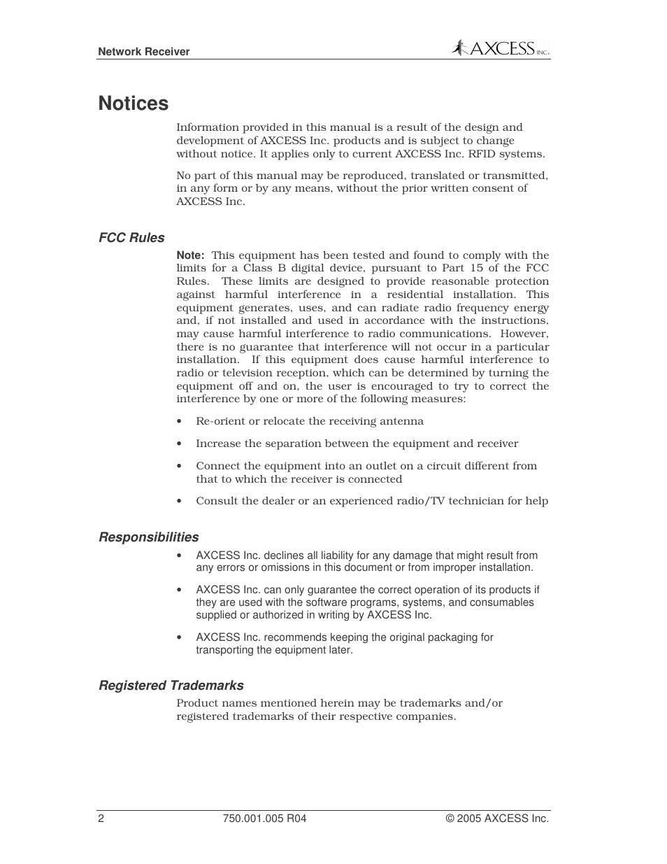 Notices | Axcess Network Receiver Installation Guide User Manual | Page 2 / 63