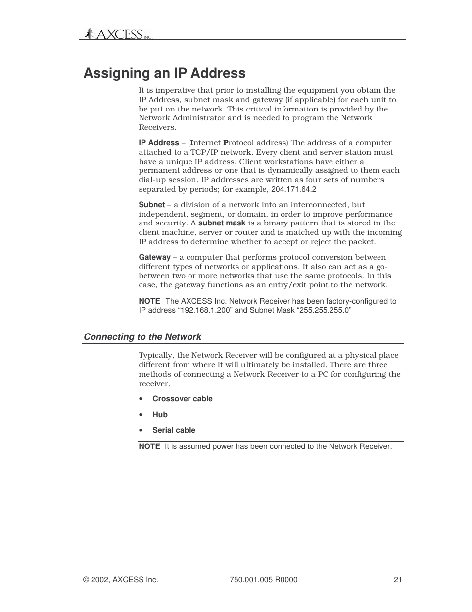 Assigning an ip address | Axcess Network Receiver Installation Guide User Manual | Page 21 / 63